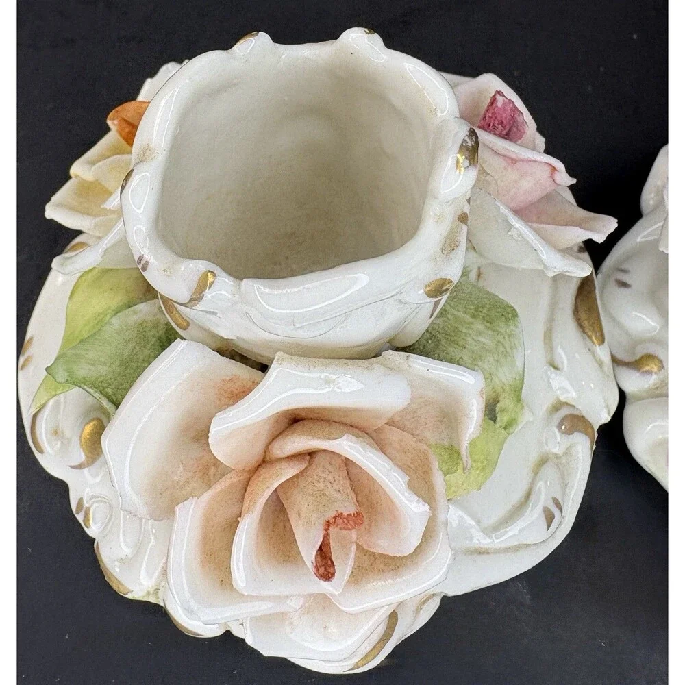 Antique Capodimonte Candle Holders Italian Applied Floral 3